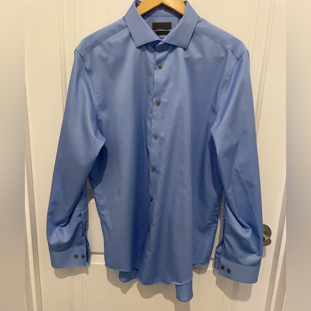 Calvin Klein Mens Slim Fit Non Iron Dress Shirt Size 17 Blue 100% Cotton
